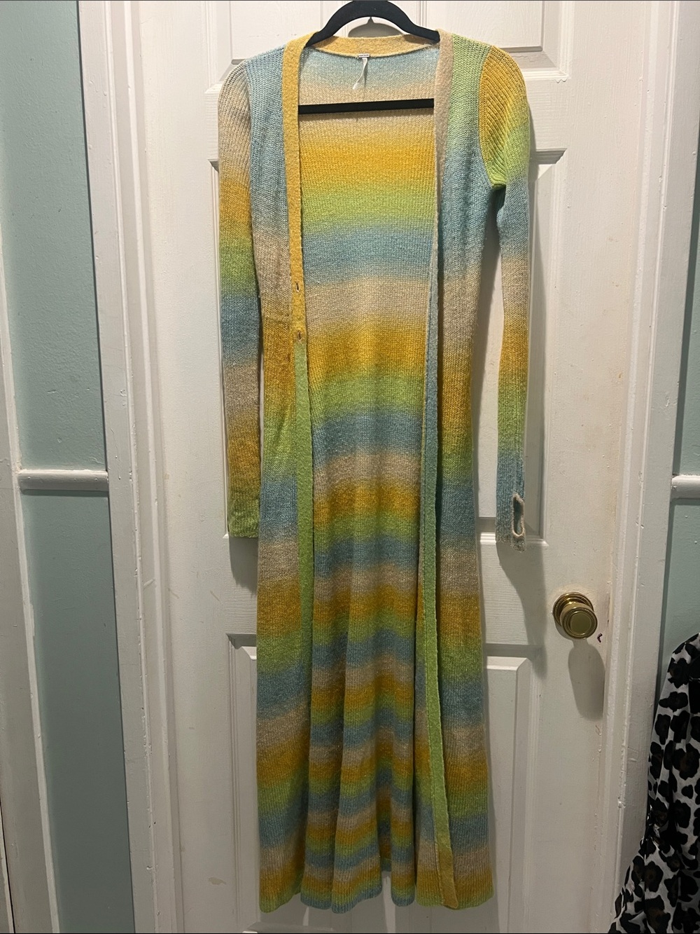 Free People Pastel Yellow and Light Blue Knit Long Sweater
